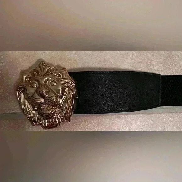 Black elastic belt with large gold lion face; 3X - 43” long including buckle - Picture 2 of 4